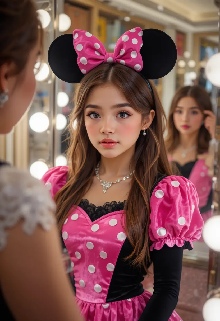 Garçon en robe Minnie rose se faisant maquiller dans une boutique
