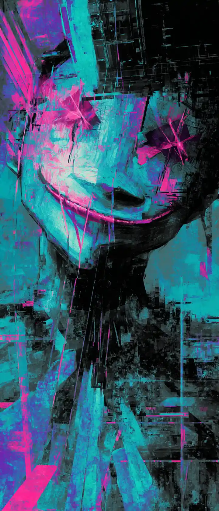 Weeping masked figure dissolving into glitchy geometric fragments