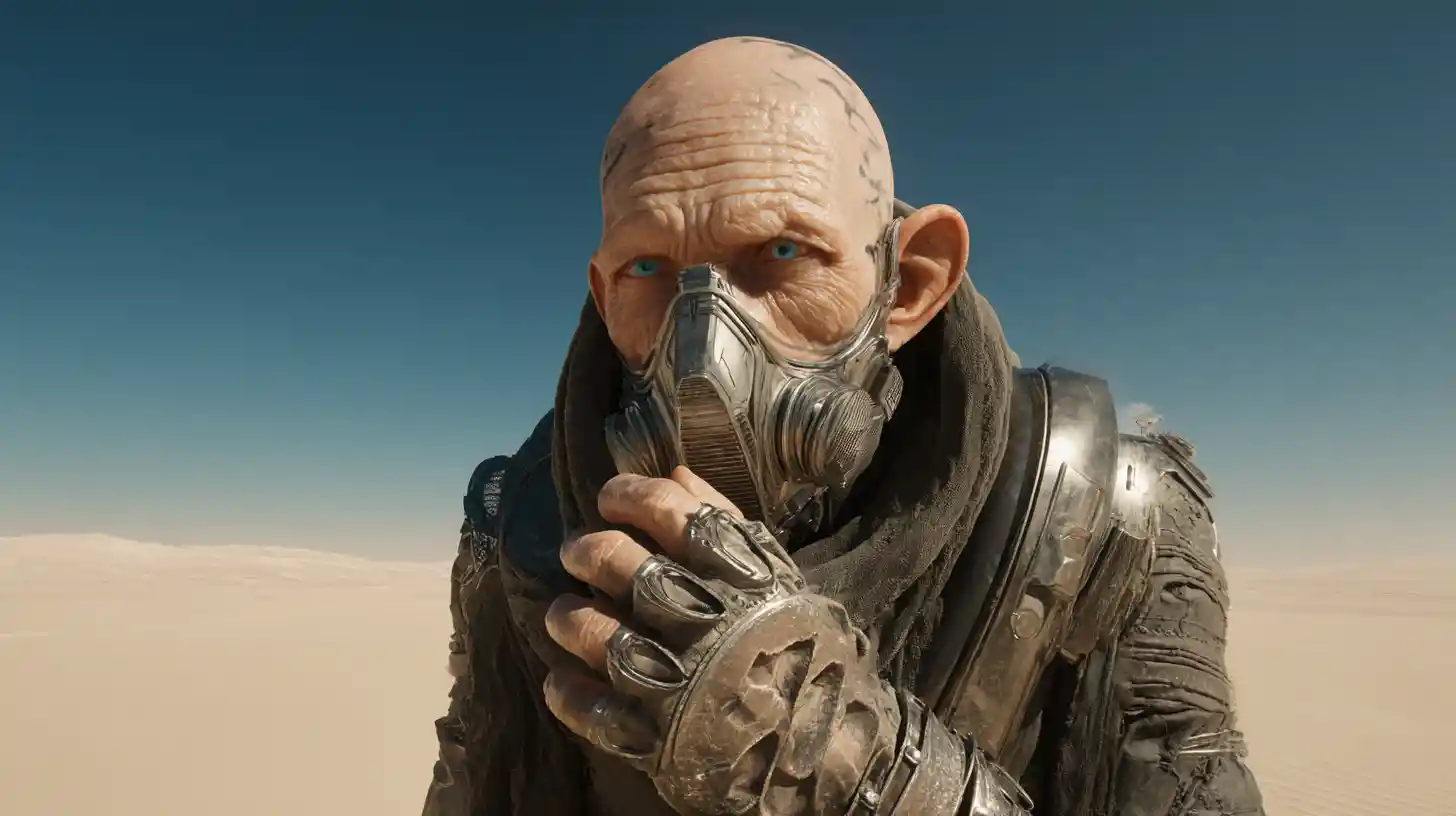Bald sci fi man in respirator mask standing in desert