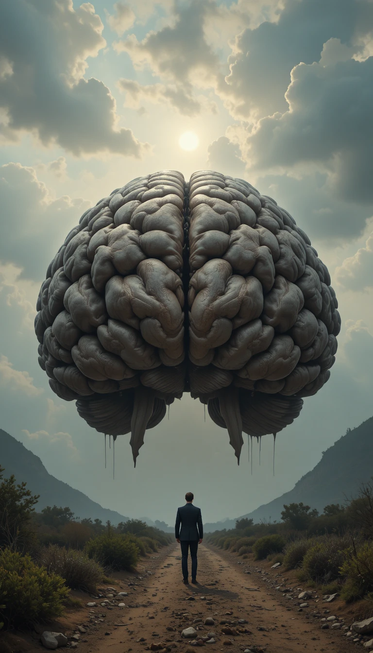 Surreales schwebendes Gehirn über einem Mann auf einem einsamen Feldweg