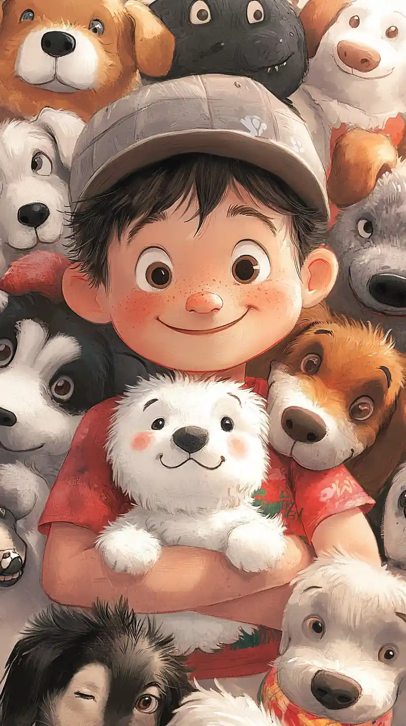 Boy With Fluffy White Dog In Watercolor City Scene