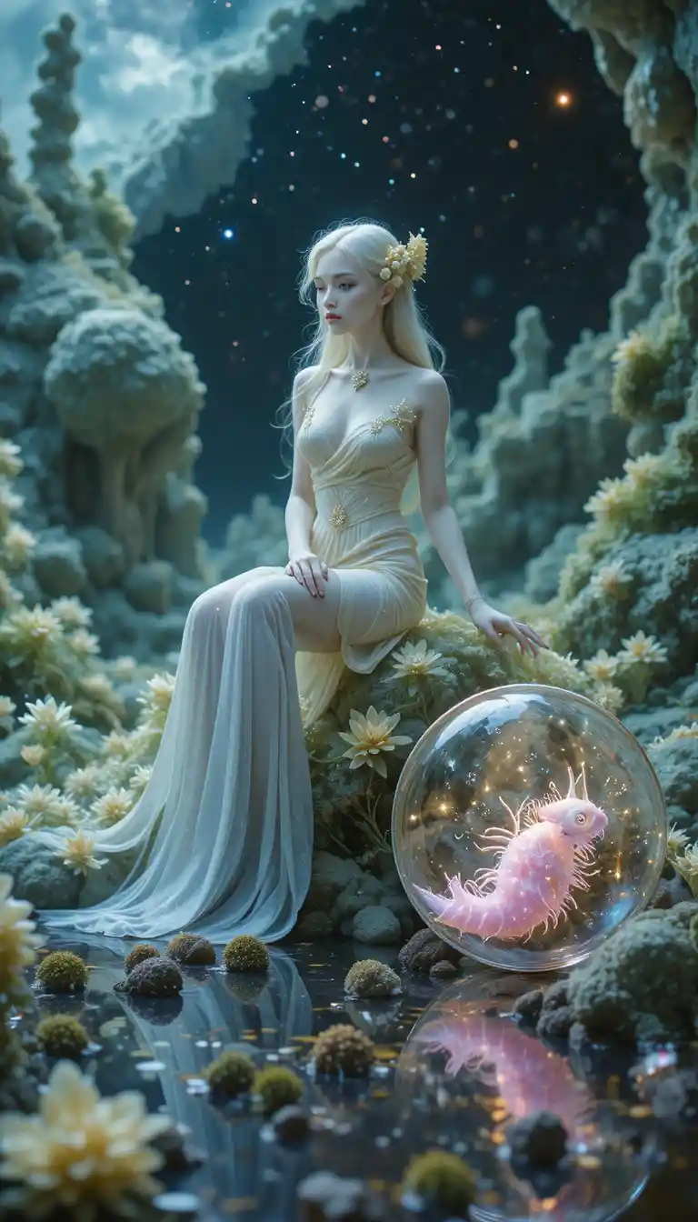 Surreal macro portrait of a woman against a cosmic nebula