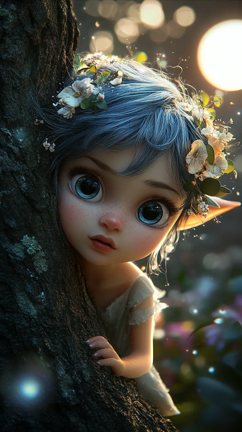 Pouty fairy girl peeking from behind a moonlit tree