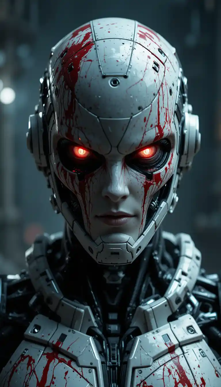 Bedrohlicher humanoider Roboter mit blutbefleckter Cyberpunk-Rüstung