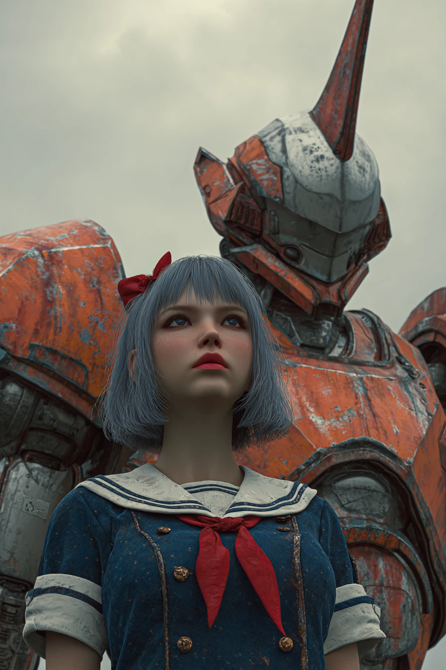 Giovane donna con un mecha gigante sotto un cielo nuvoloso