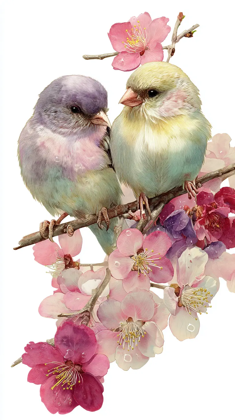 Two songbirds on a flowering branch in soft morning light