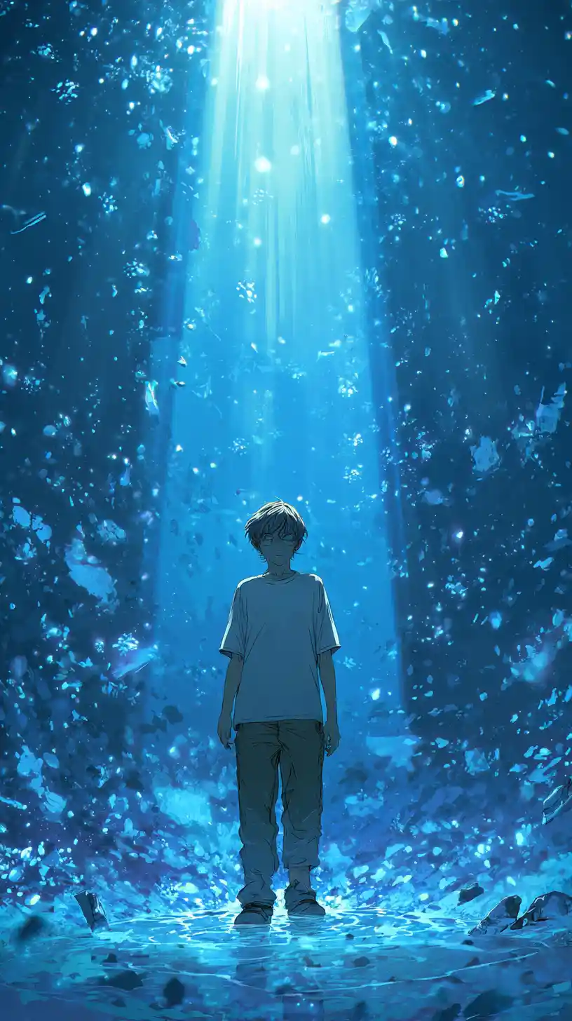 Young man in mystical blue light with floating particles