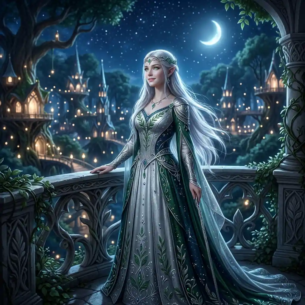 Moonlit elven princess with silver hair and emerald eyes