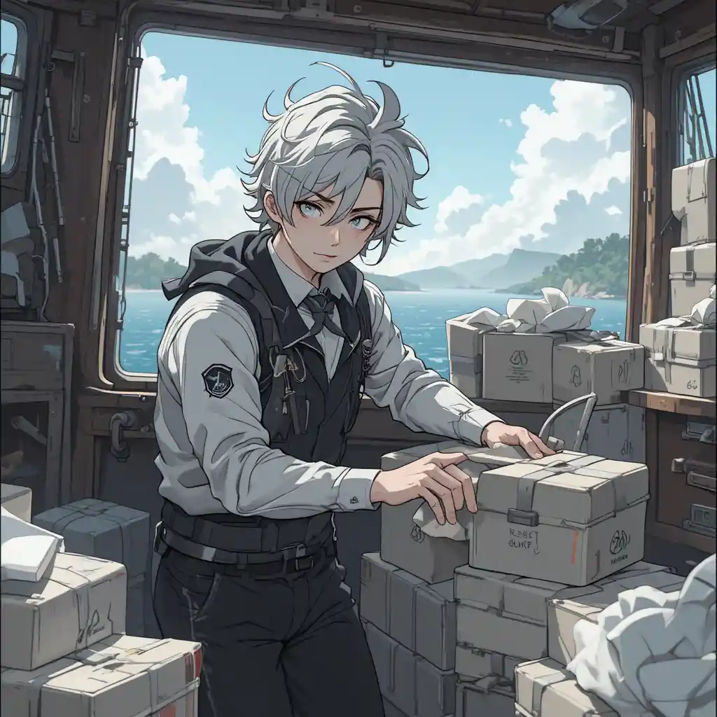 Homem de anime preparando coletes salva-vidas a bordo de um barco