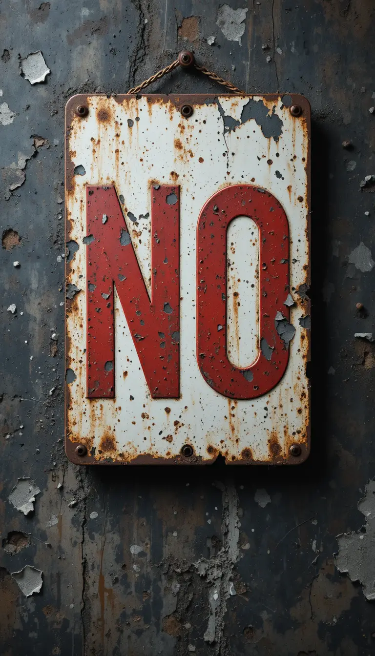 Rusty no sign on a worn concrete industrial wall