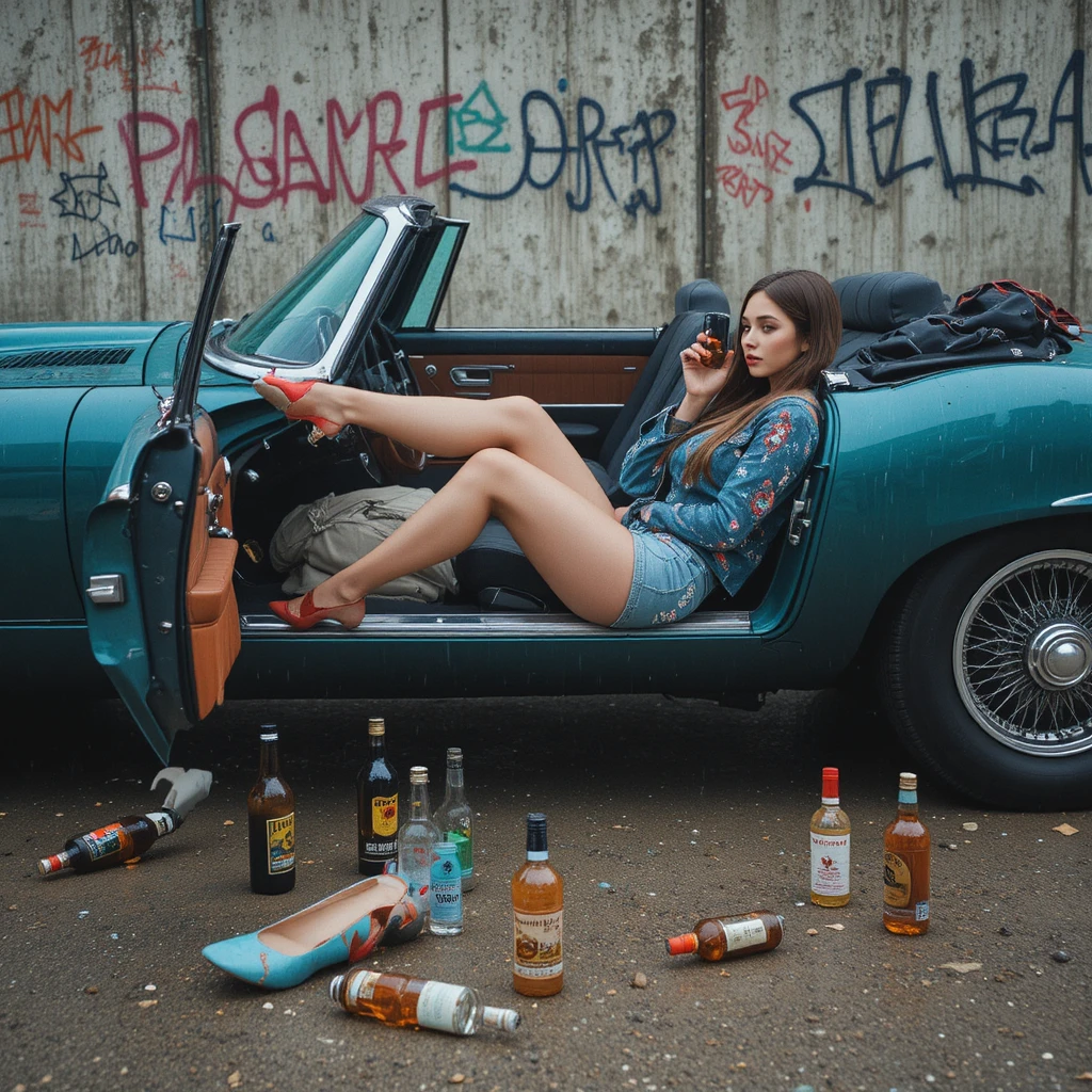 Giovane donna accanto a cabriolet d’epoca sotto la pioggia