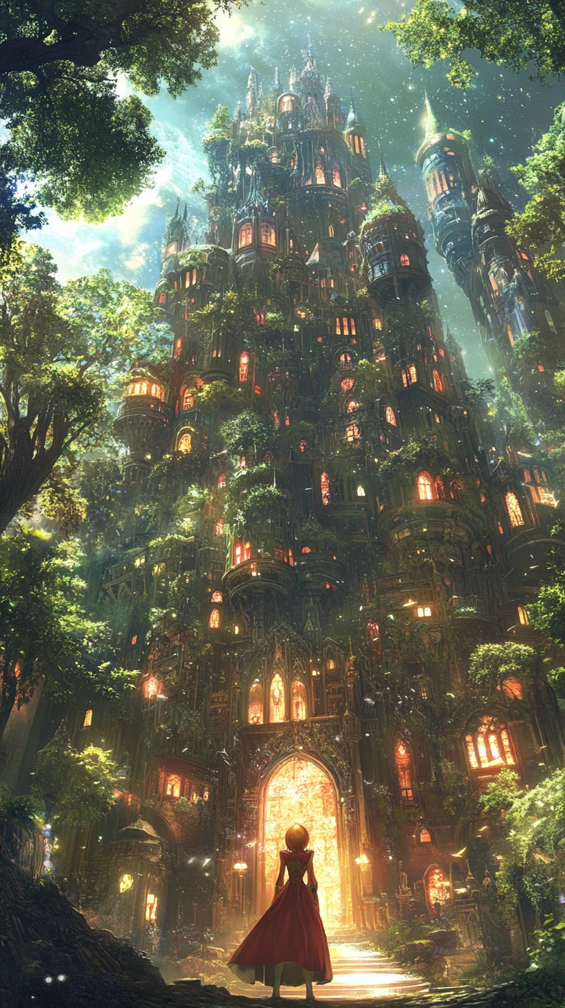 Whimsical fantasy castle bathed in radiant natural forest light