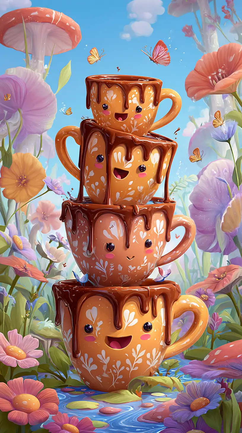 Playful Stack Of Cartoon Teacups In A Fantasy Flower Meadow