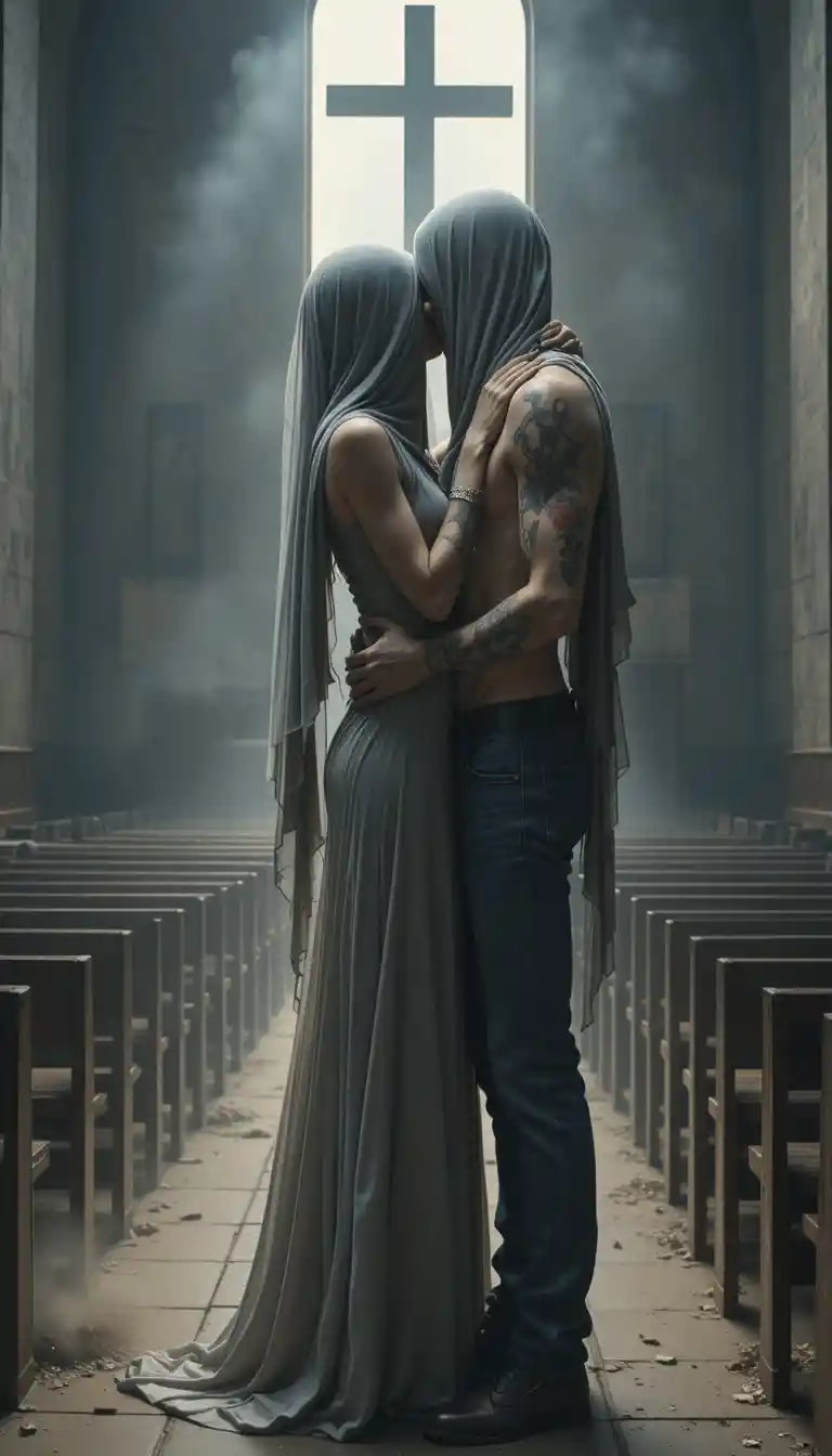 Veiled lovers embracing in a dim abandoned church interior