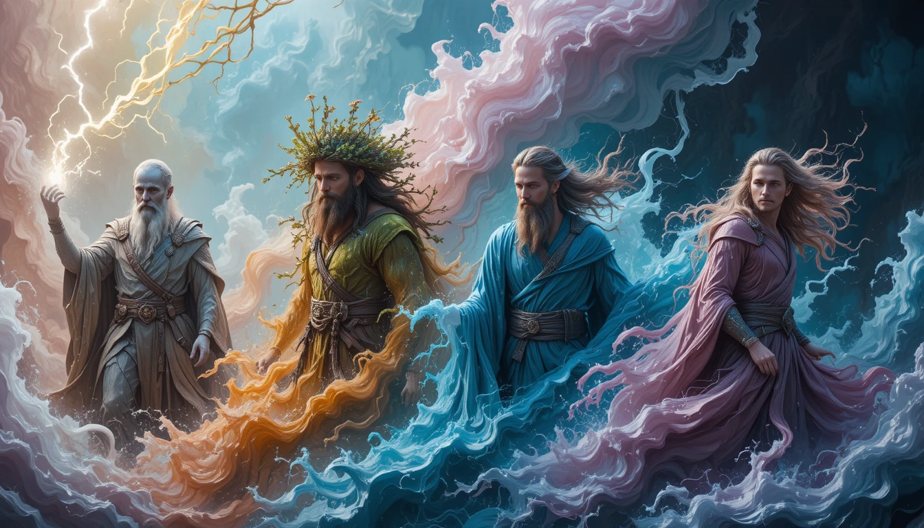 Eroi elementali uniti in un paesaggio fantasy luminoso