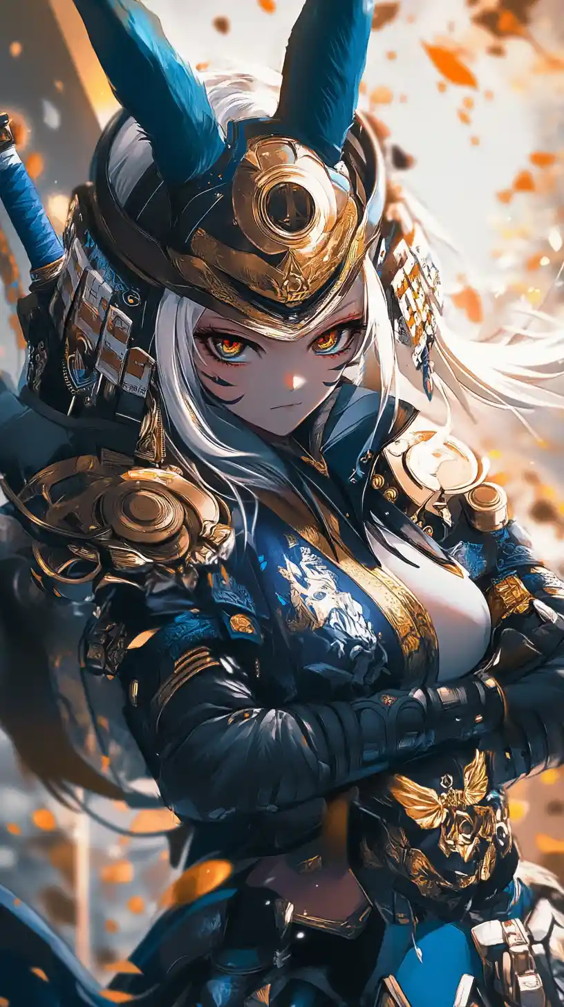 Close up of tattooed anime warrior woman in blue armor
