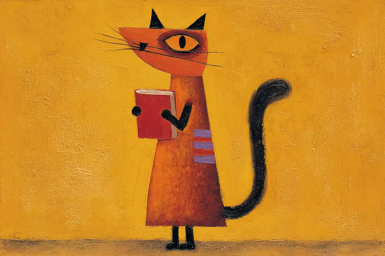 Fluffy cat holding a red book in folk art style