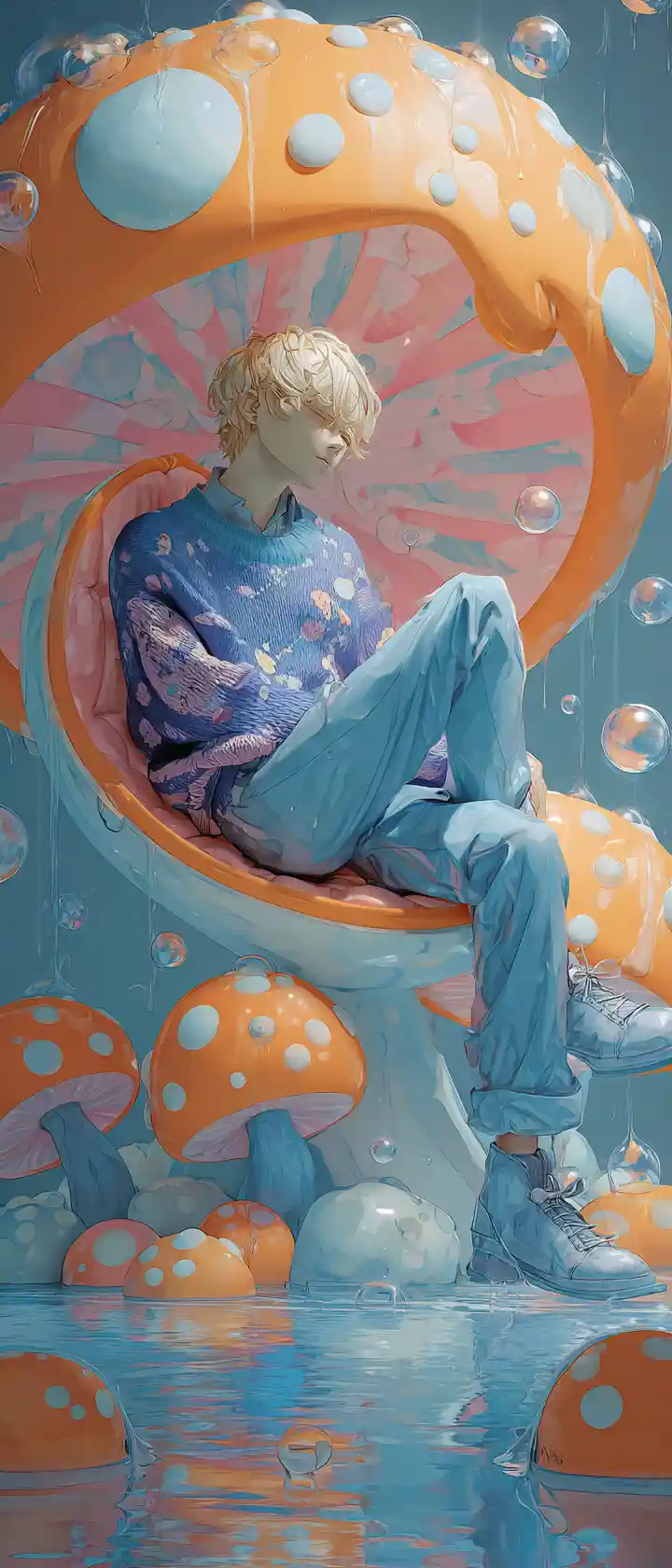 Sad anime boy curled on retro mushroom chair