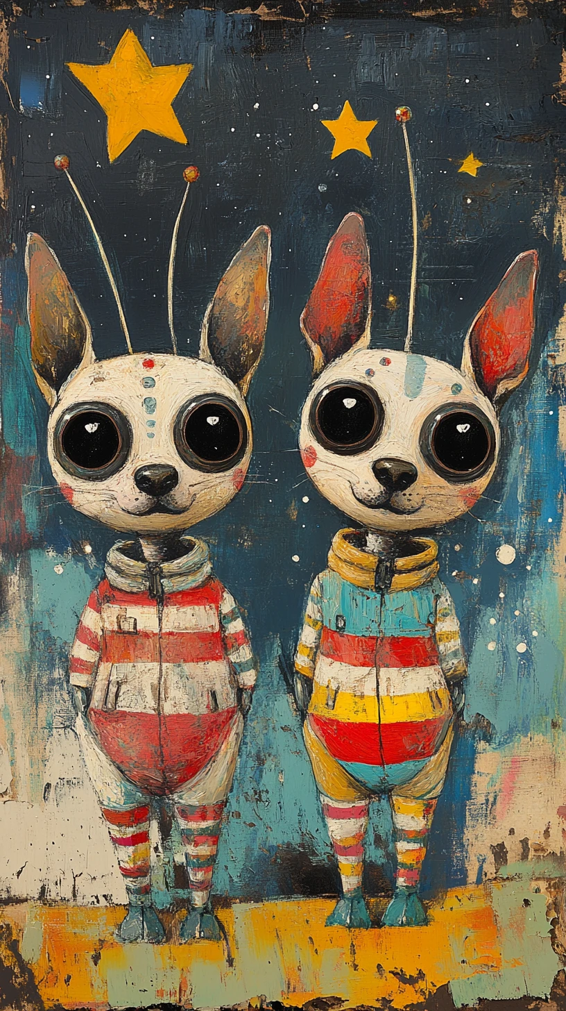 Two alien puppies in colorful spacesuits cosmic painting