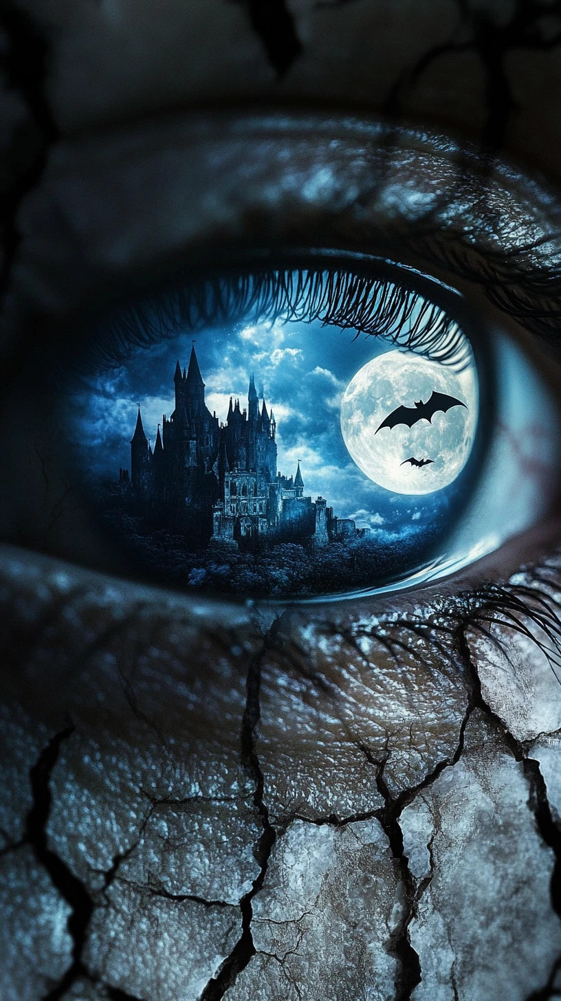 Gothic castle reflected in an intense marble skinned eye