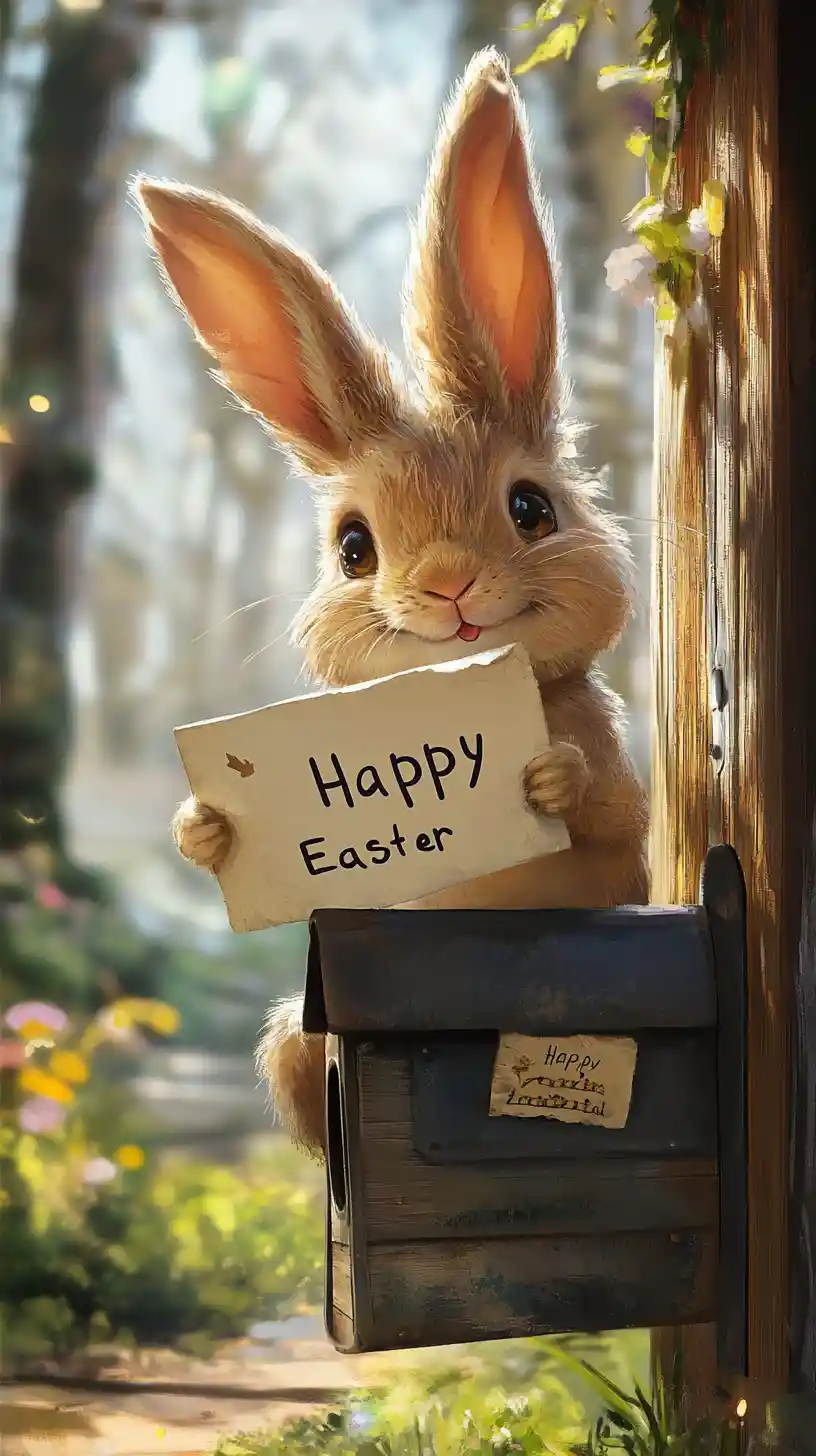 Happy rabbit delivering an Easter letter at rustic mailbox