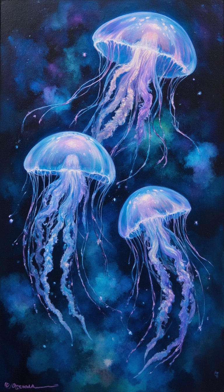 Majestic jellyfish floating in swirling iridescent abstract colors