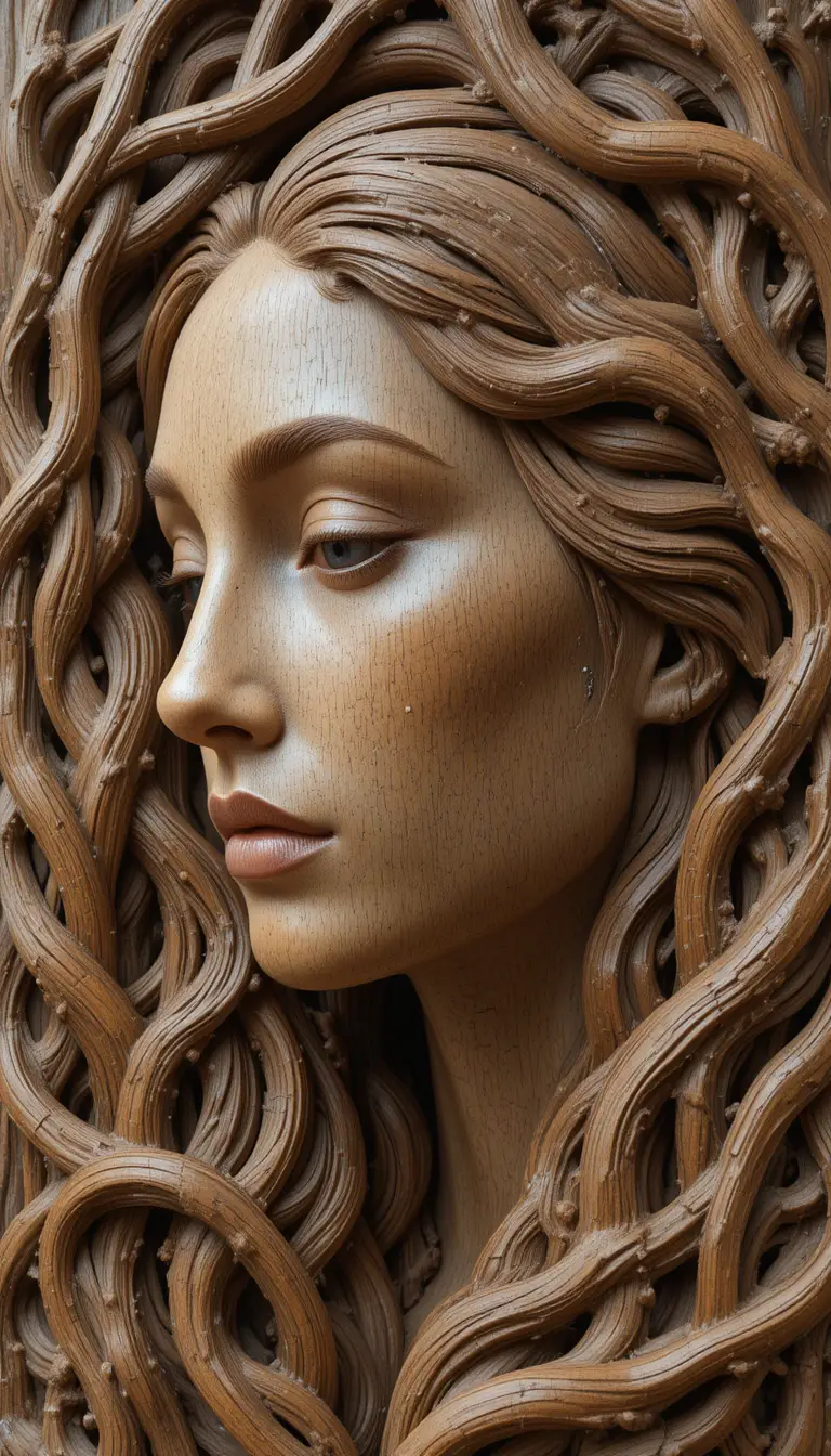 Scultura in Legno Intagliato di Volto Femminile con Motivi Organici ad Albero
