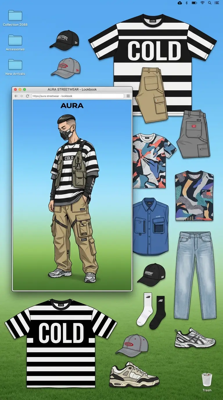 Moda streetwear disposta sobre um fundo de desktop digital