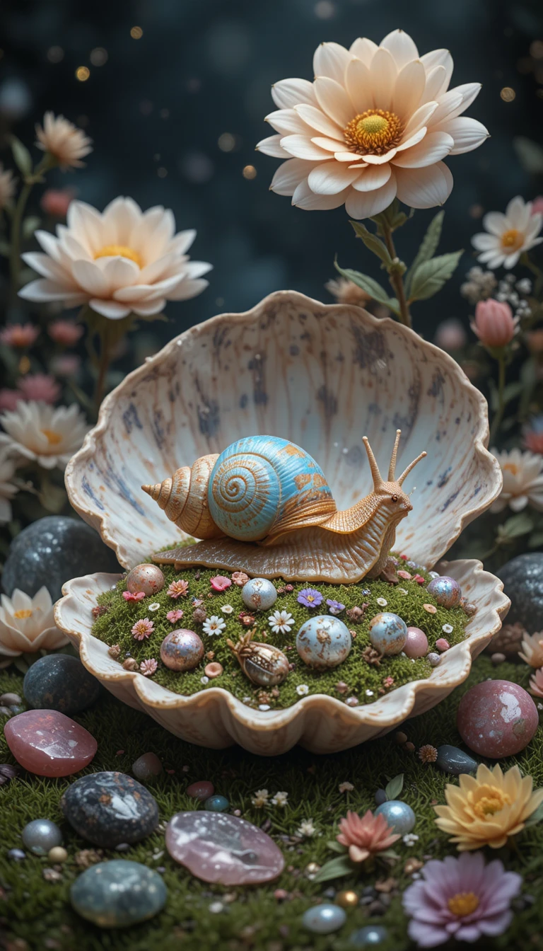 Escargot surréaliste reposant sur une coquille parmi fleurs et gemmes