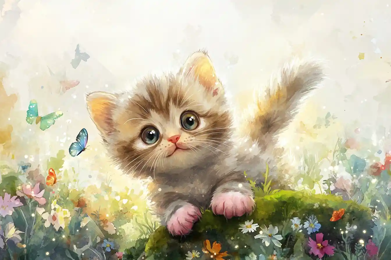 Chubby watercolor kitten in a sunlit wildflower meadow