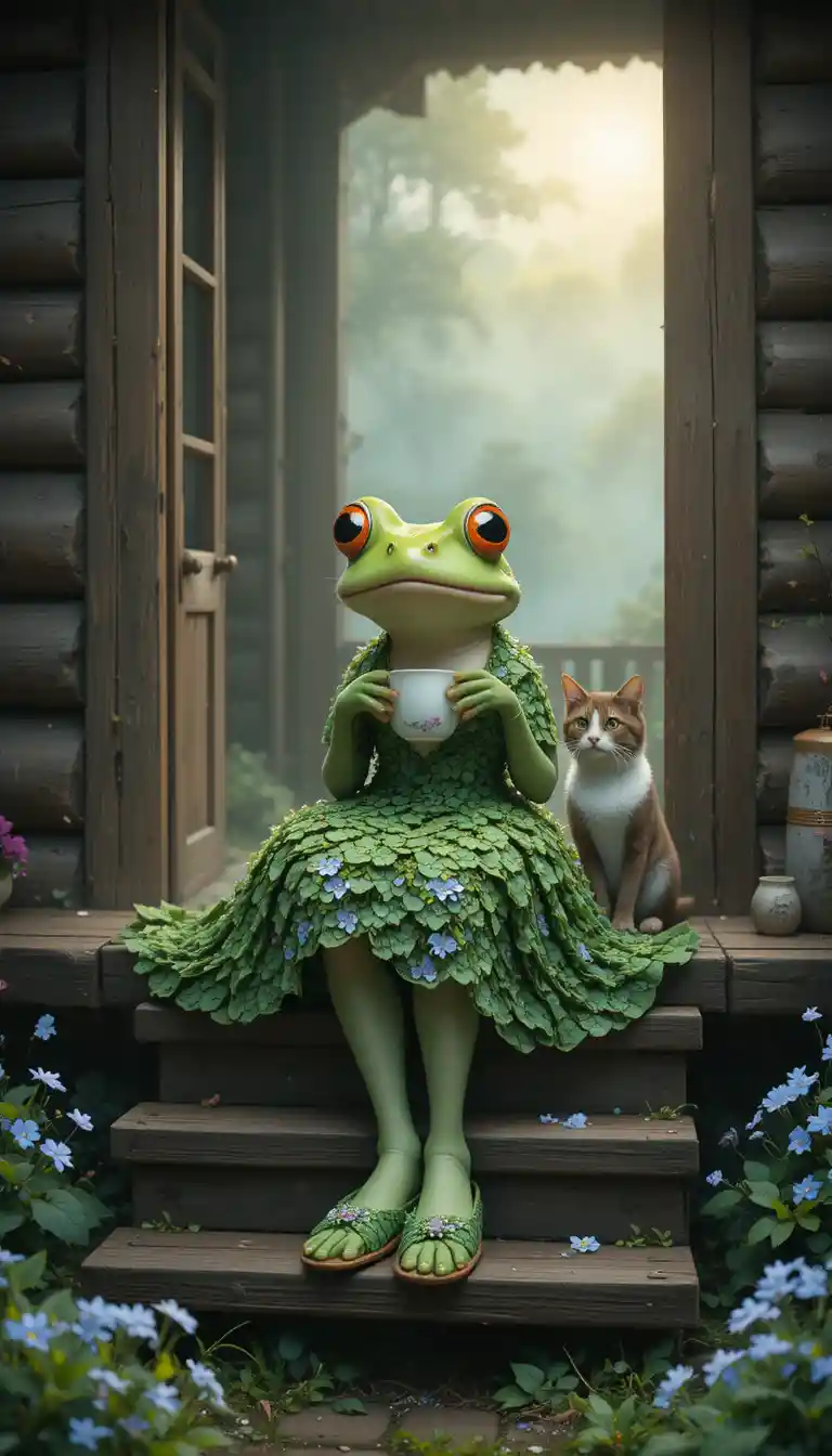 Niedlicher Frosch im Blumenkleid trinkt Tee auf Holzstufen