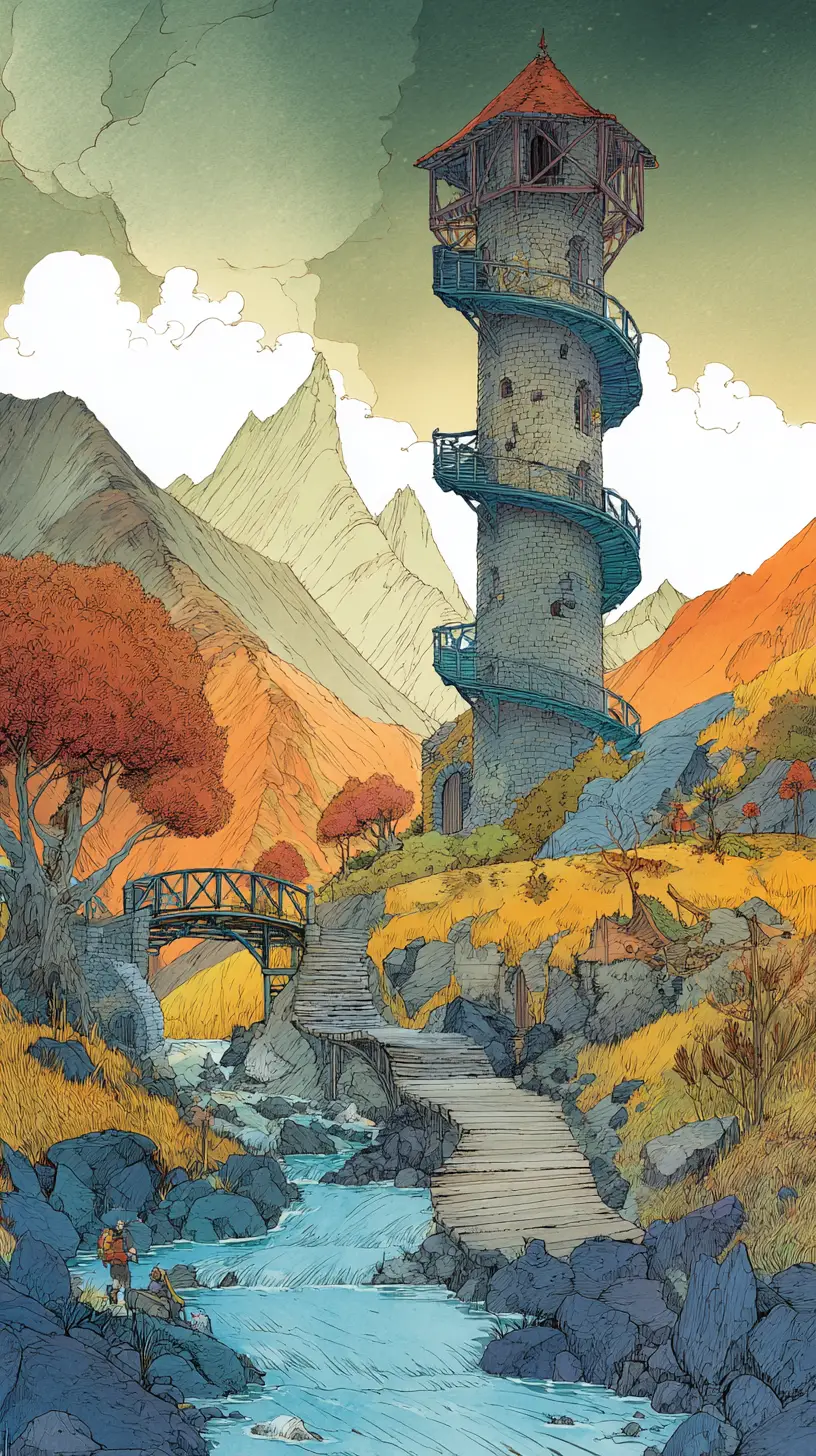 Surreal tower in a colorful fantasy comic landscape
