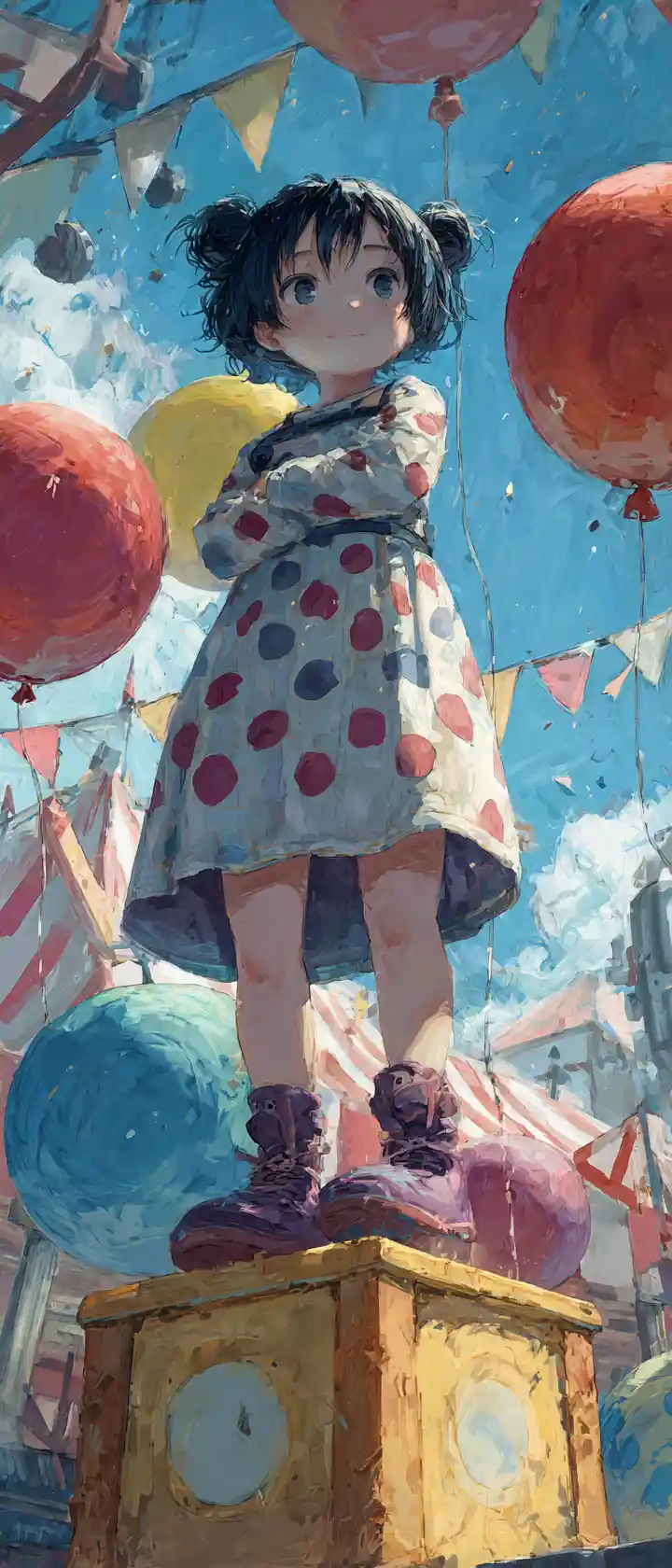 Anime child on pedestal in lonely carnival midway