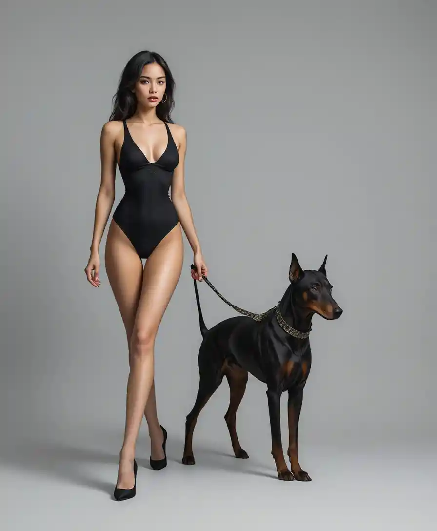 穿黑色泳裝、自信牽著杜賓犬的女人