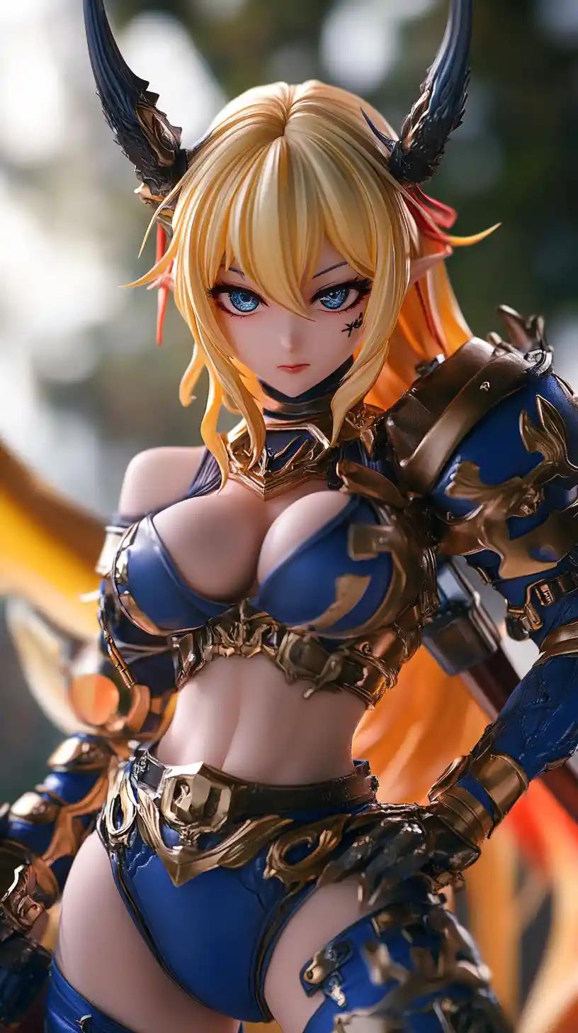 Gros plan sur une guerrière d’anime balafrée en armure bleue
