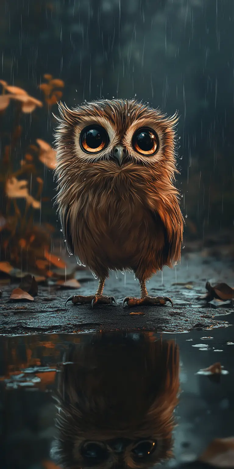 Small owl in a rainy twilight puddle illustration