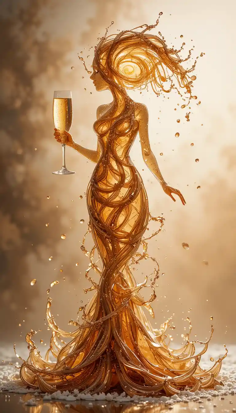 Champagnerspritzer formt eine weibliche Silhouette über einem Kuchen