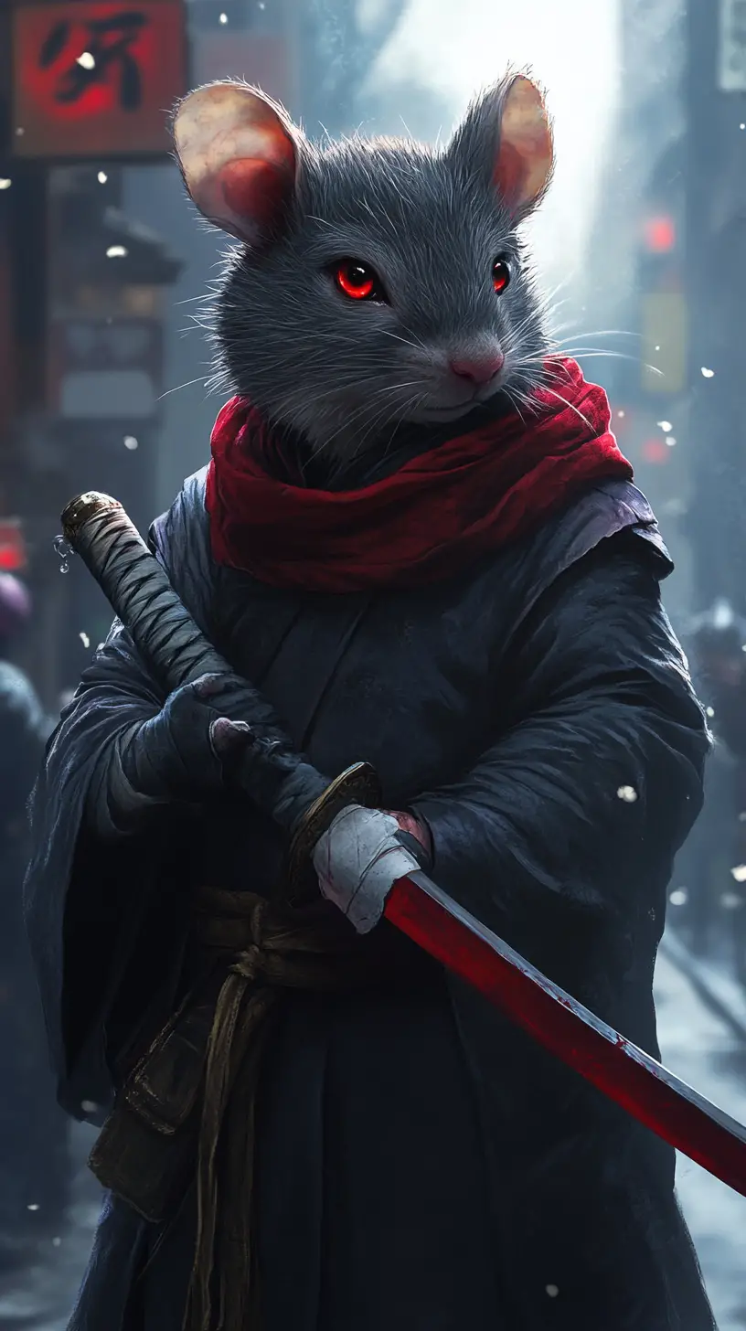 Anthropomorpher Rattenkrieger mit Katana in dunkler Stadt