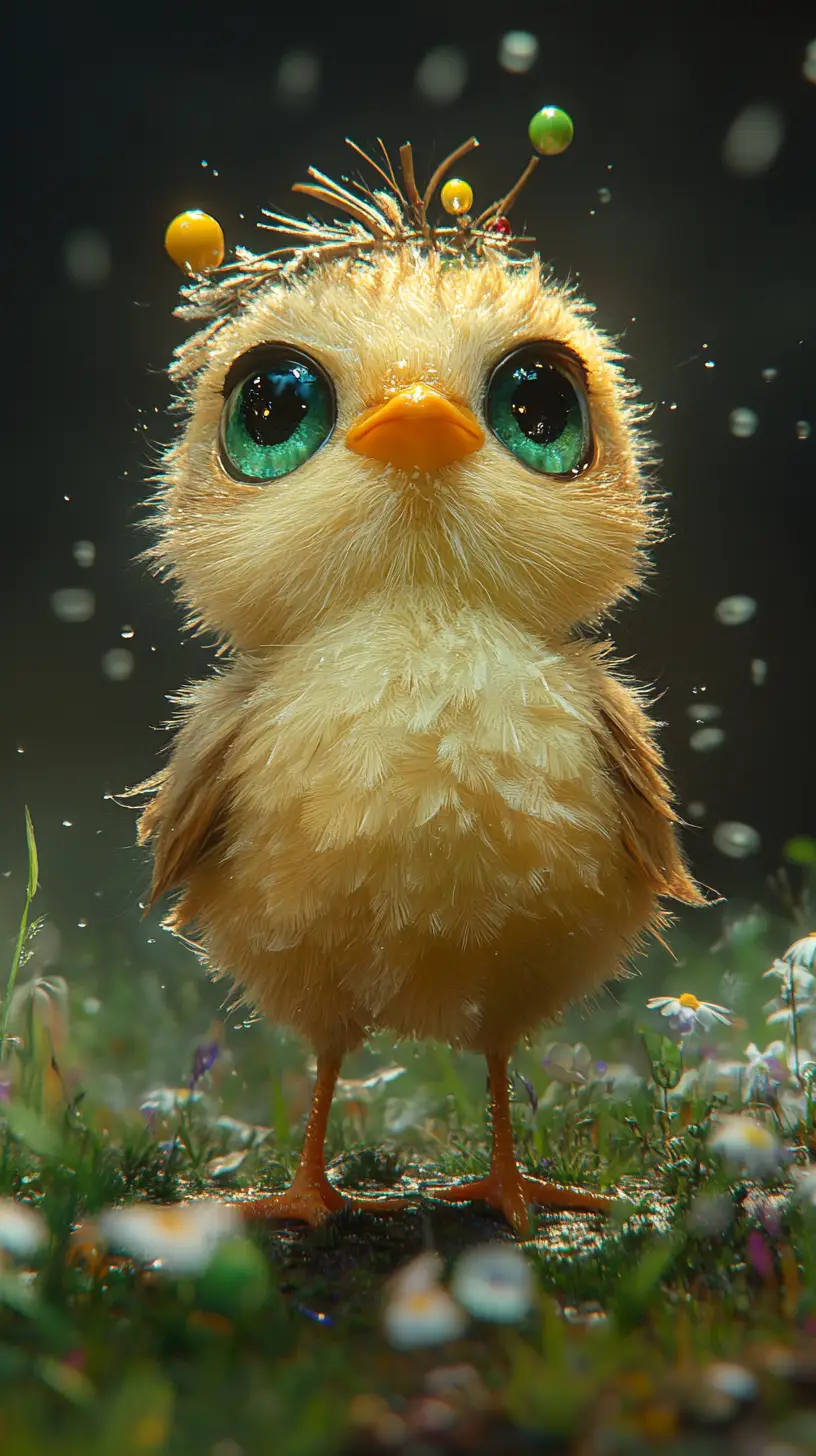 Cute fluffy chick in a rainy flower meadow illustration