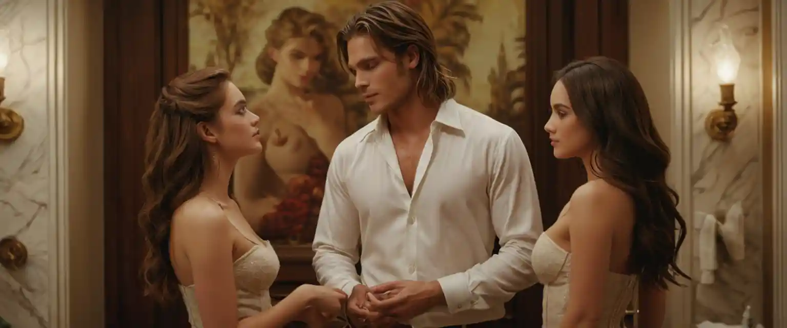 Young man between two women in elegant bathroom scene