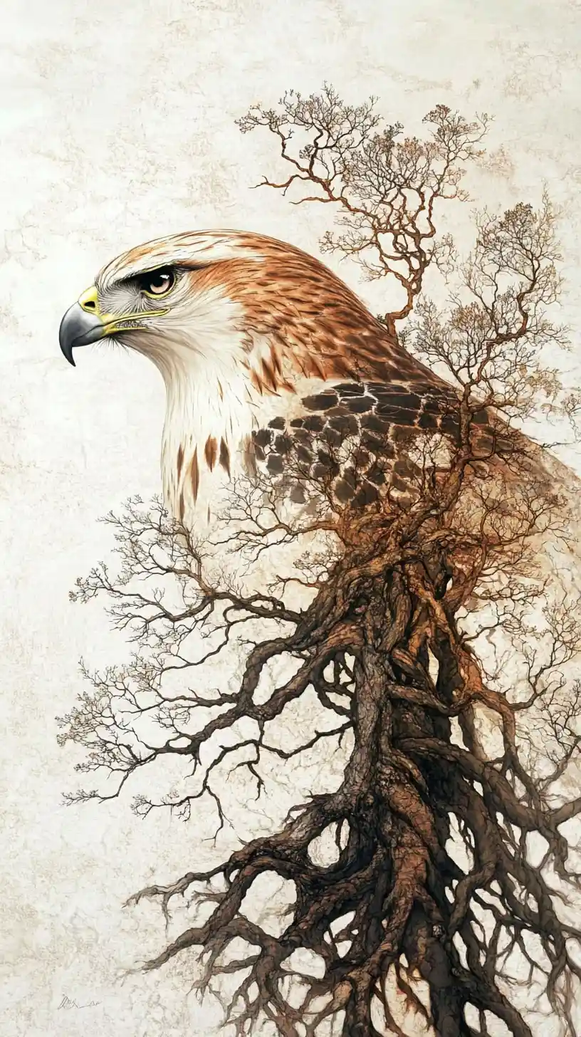 Majestic hawk profile emerging from twisted tree roots