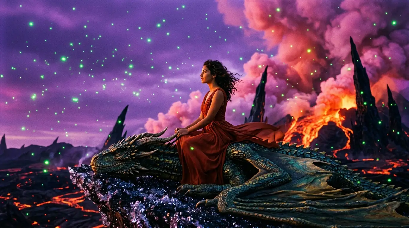Woman in a red dress sitting on a golden dragon in a volcanic landscape with glowing green sparks.