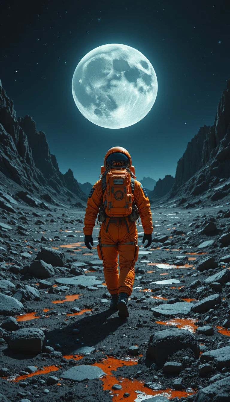 Astronauta caminando por un paisaje alienígena bajo una luna gigante