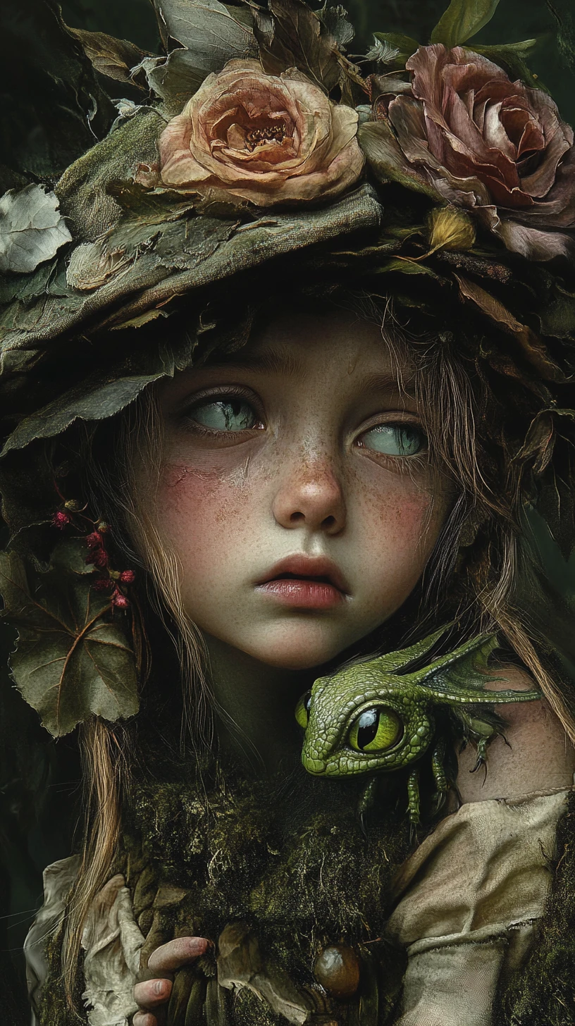 Melancholic woodland child with tiny dragon companion