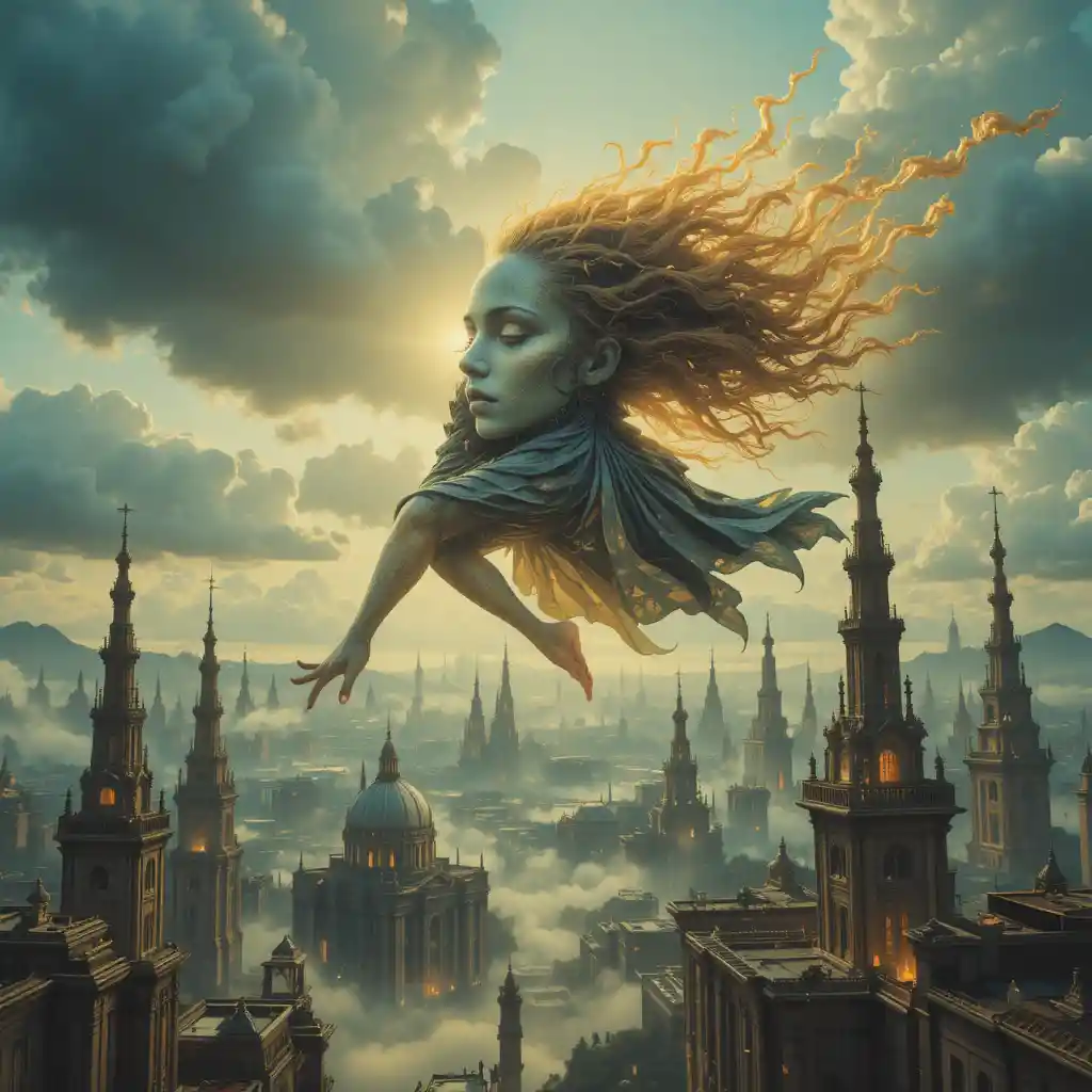 Donna surreale che vola sopra un’impossibile città futuristica