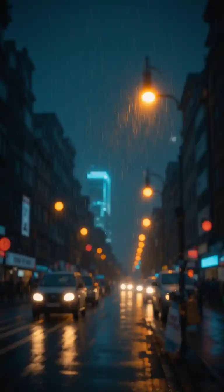 Moody close up of rainy city lights on a foggy night