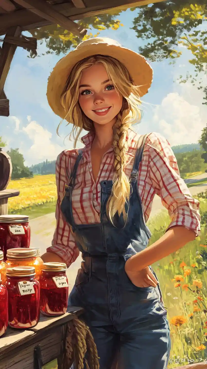 Blonde Farm Woman Selling Jam At Country Roadside Stand