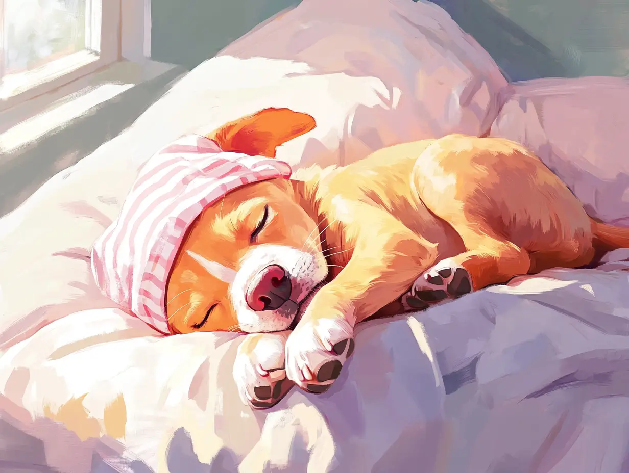 Cute sleeping dog on pillow in cozy digital illustration