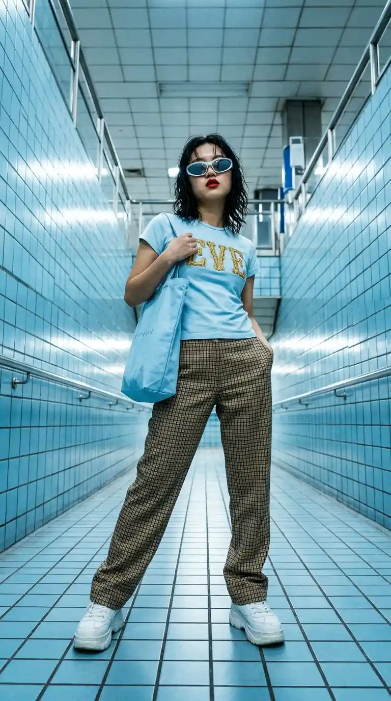 Y2K ice blue fashion portrait with futuristic sunglasses