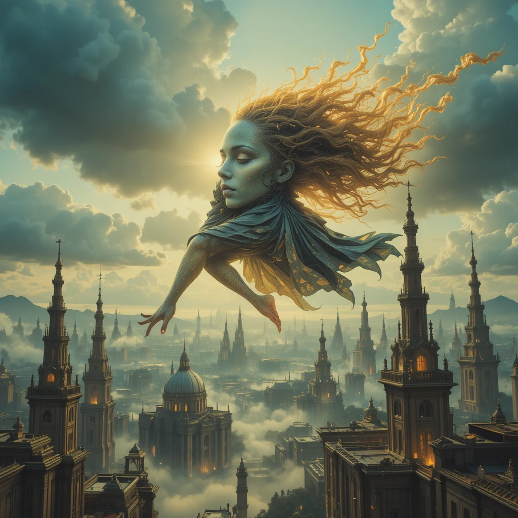 Surreal woman soaring above impossible futuristic cityscape